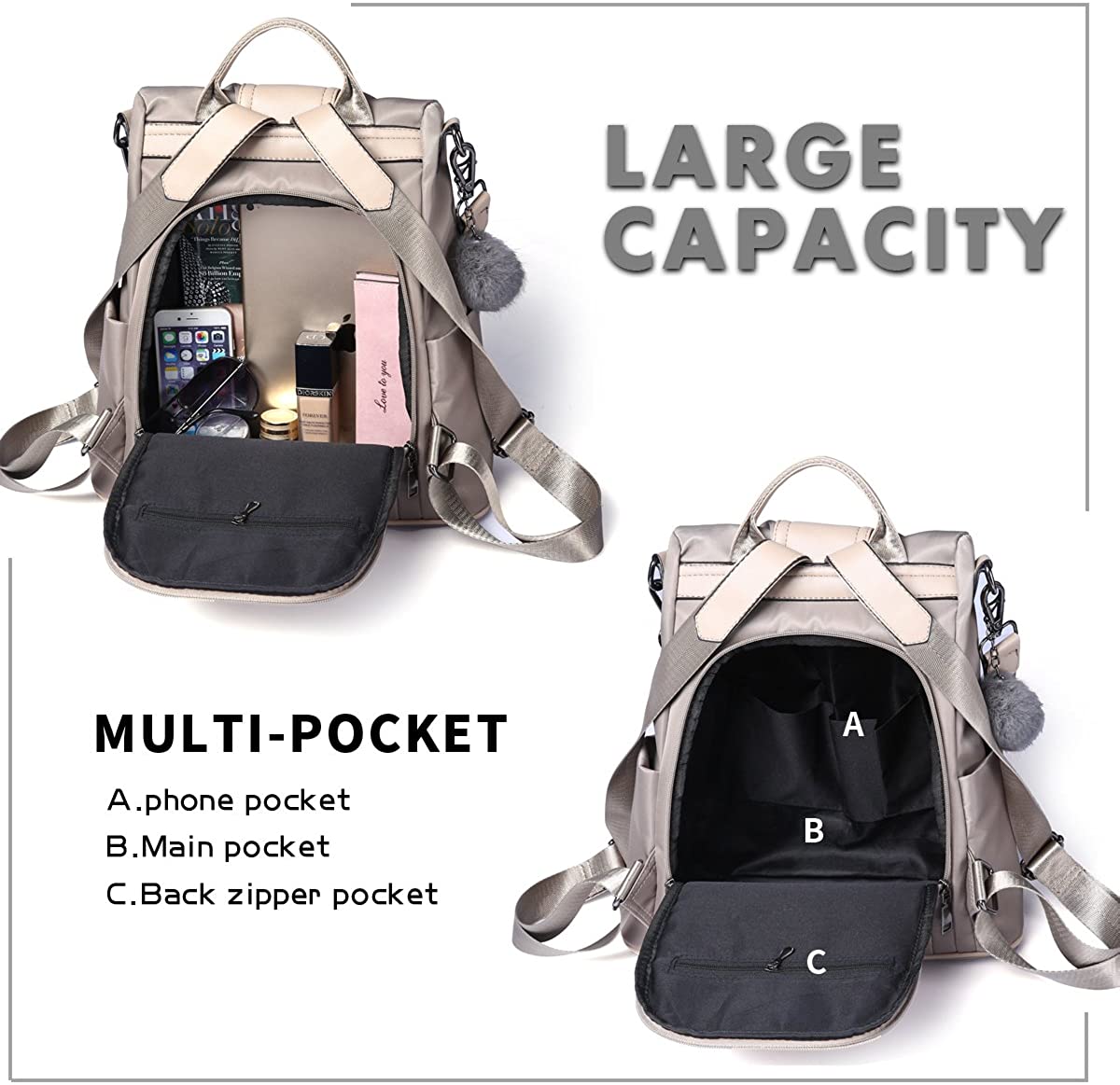 Women Backpack Purse Waterproof Nylon Anti-theft Rucksack Lightweight Shoulder Bag
