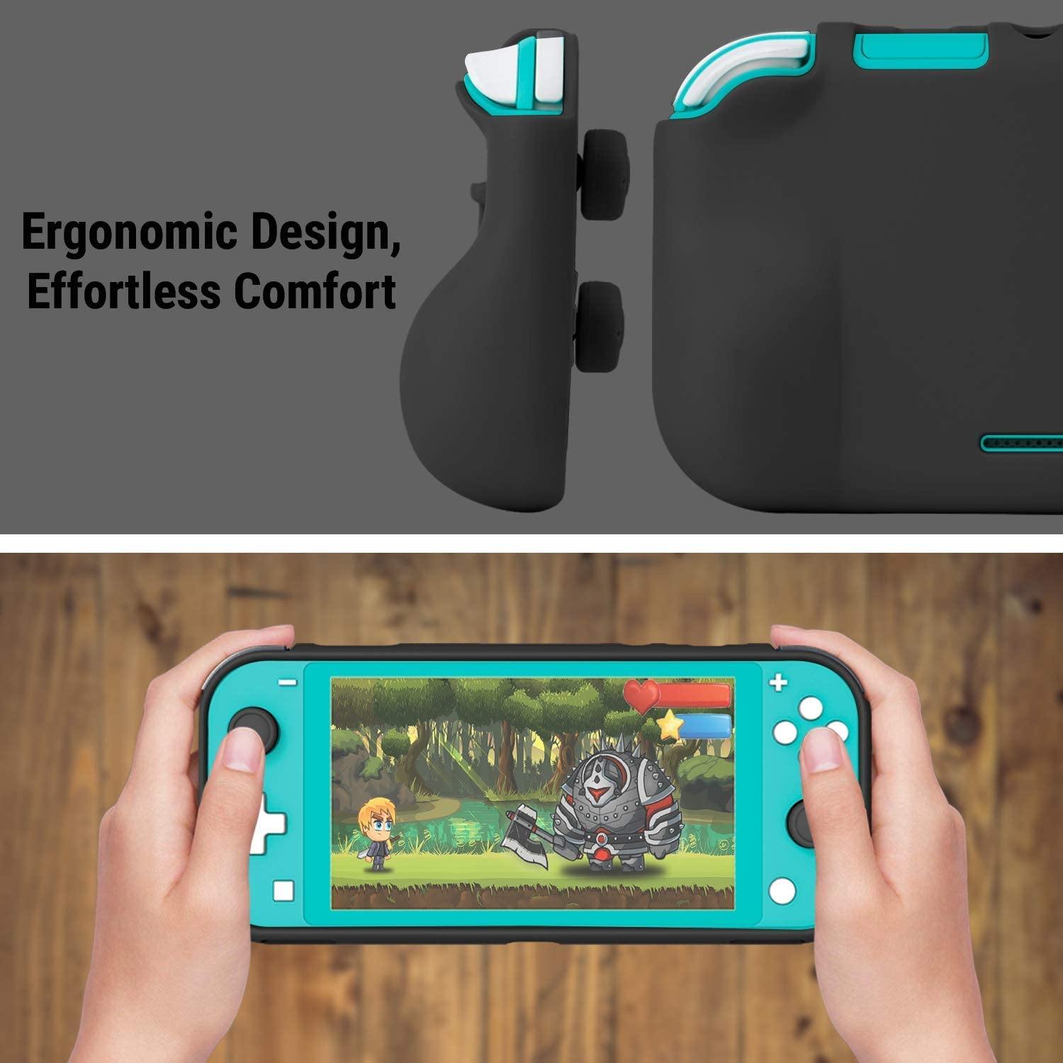 Orzly Grip Case for Nintendo Switch Lite – Case with Comfort Padded Hand Grips, Kickstand, Pack of Thumb Grips - Turquoise Blue - JOY2ESpree