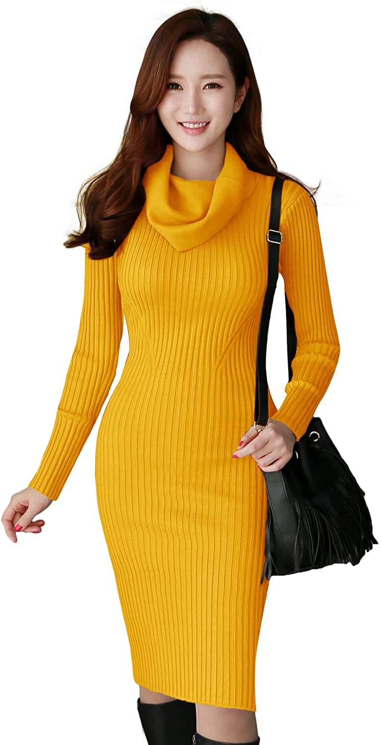 v28 Women Cowl Neck Knit Stretchable Elasticity Long Sleeve Slim Fit Sweater Dress