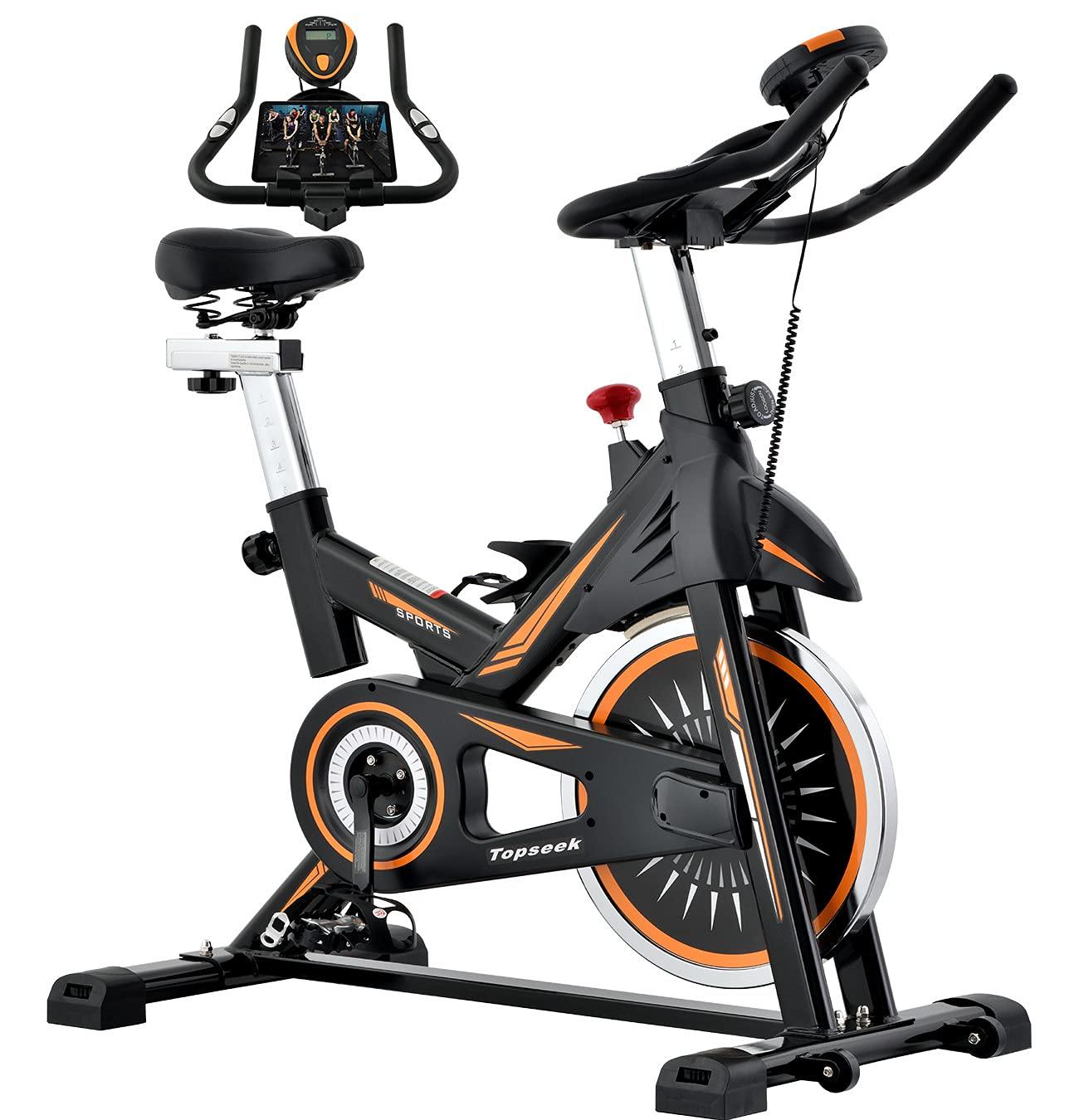 Topseek Indoor Cycling Bike - Exercise Bike for Home Gym Stationary Bikes with Comfortable Seat Cushion, Silent Belt Drive, iPad Holder and Hand Pulse - JOY2ESpree