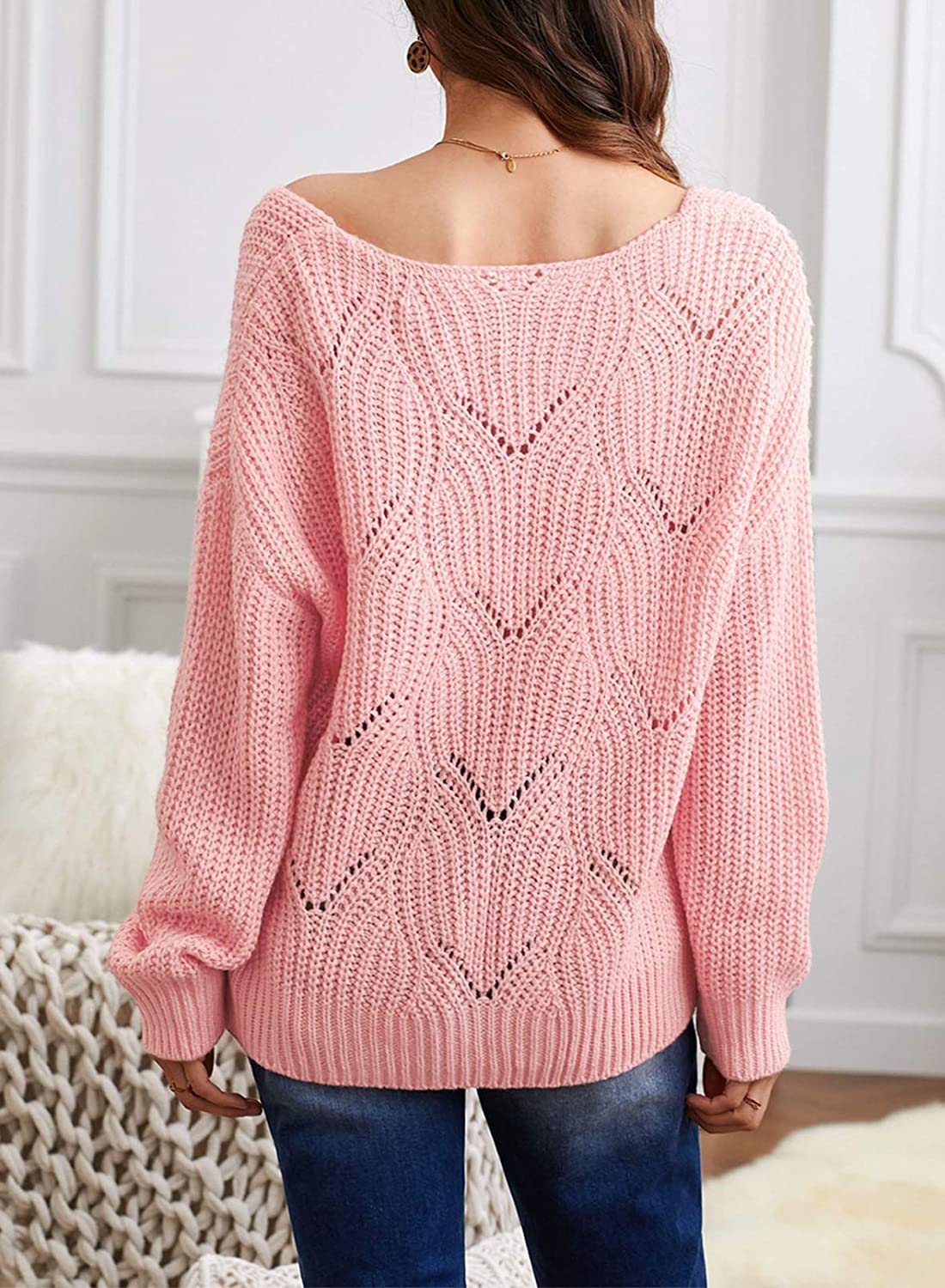 Dokotoo Womens Cute Soft Crewneck Long Sleeve Hollow Cable Knit Pullover Sweaters