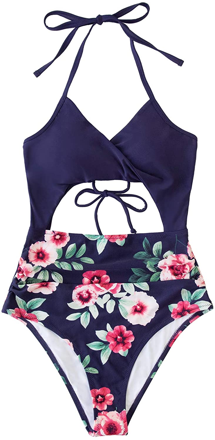 CUPSHE Women's Black Floral Print Halter Cutout High Waist One Piece Swimsuit