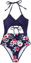 
                        
                          Load image into Gallery viewer, CUPSHE Women's Black Floral Print Halter Cutout High Waist One Piece Swimsuit
                        
                      