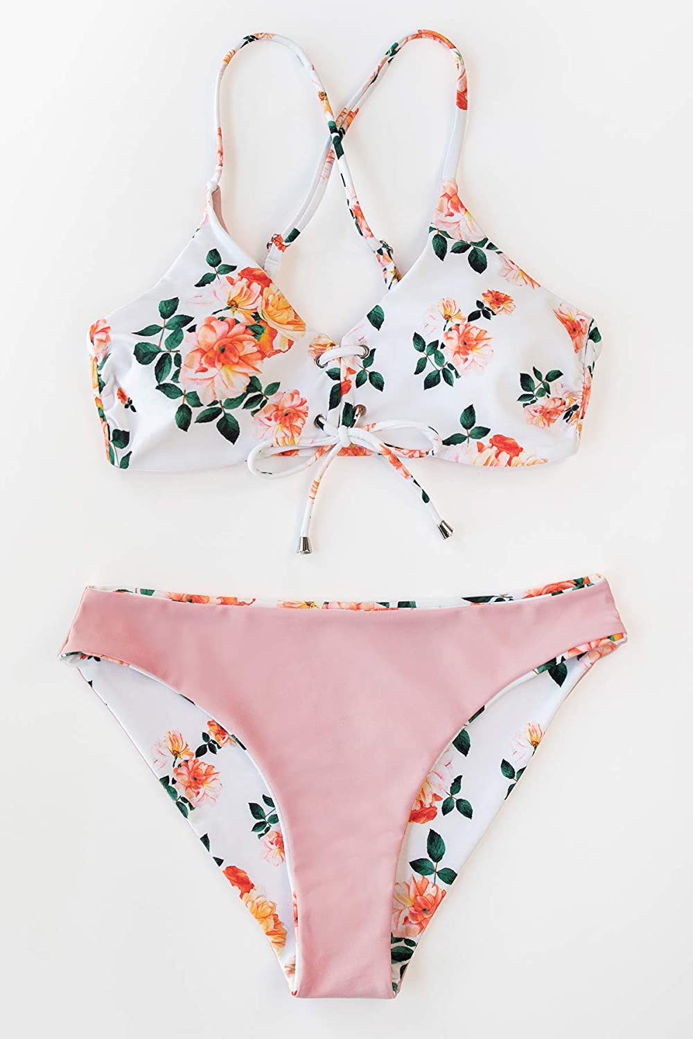 CUPSHE Women's Reversible Lace Up Bikini Sets Floral and Striped
