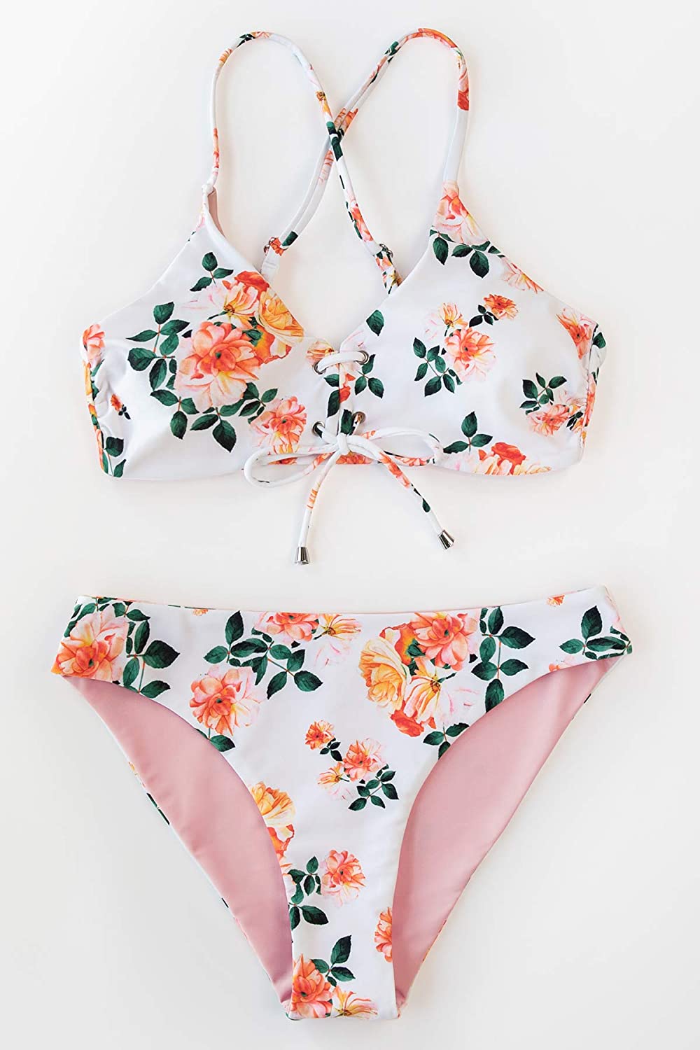 CUPSHE Women's Reversible Lace Up Bikini Sets Floral and Striped