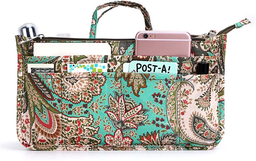 BTSKY New Printing Handbag Organizers Inside Purse Insert-High Capacity 13 Pockets Bag Tote Organizer with Handle Peacock Flower