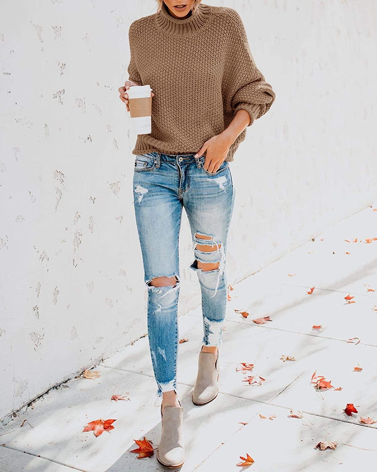Saodimallsu Womens Turtleneck Oversized Sweaters Batwing Long Sleeve Pullover Loose Chunky Knit Jumper - JOY2ESpree