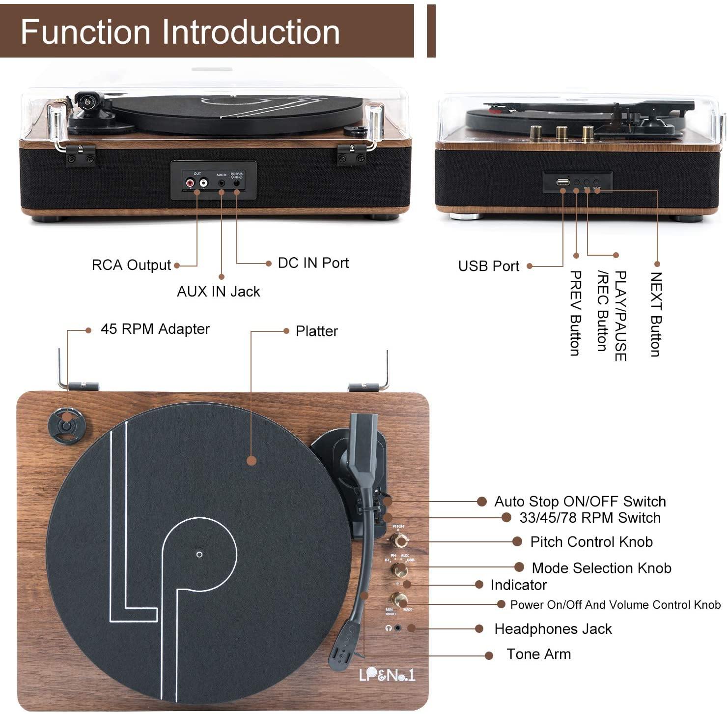 LP&NO.1 Record Player, Classic Bluetooth Turntable with USB Recording - JOY2ESpree