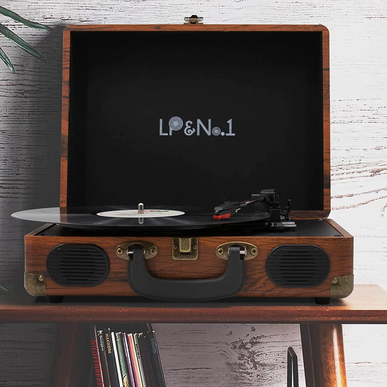 LP&No.1 Portable Suitcase Turntable with Stereo Speaker,3 Speeds Belt-Drive Vinyl Record Player Black - JOY2ESpree