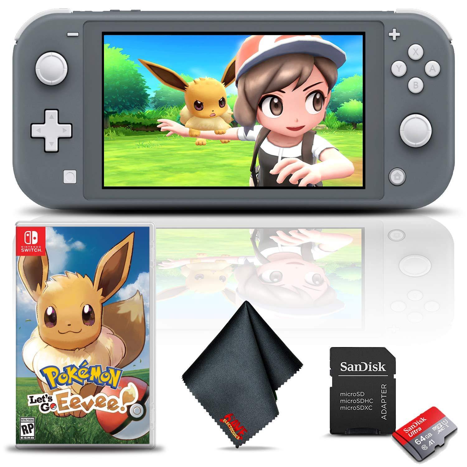 Nintendo Switch Lite (Gray) Gaming Console Bundle with Pokemon: Let's Go Eevee Game, 64GB Memory Card, and Cleaning Cloth - JOY2ESpree
