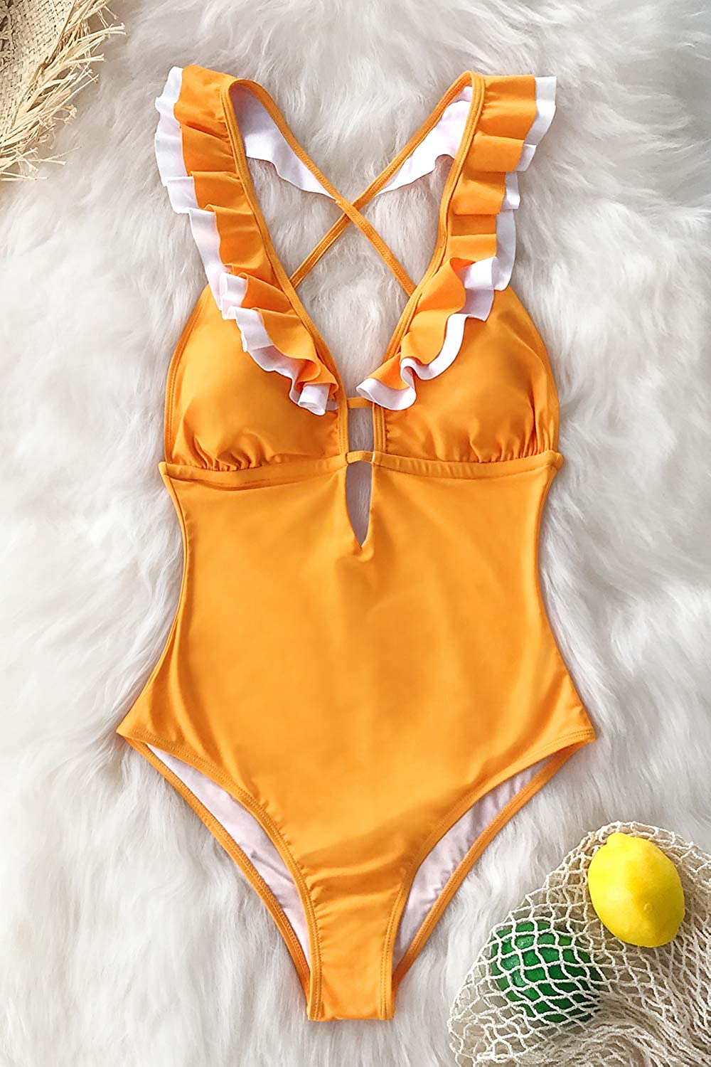 CUPSHE Women's One Piece Swimsuit Ruffle Deep V Neck Strappy Swimwear Bathing Suits