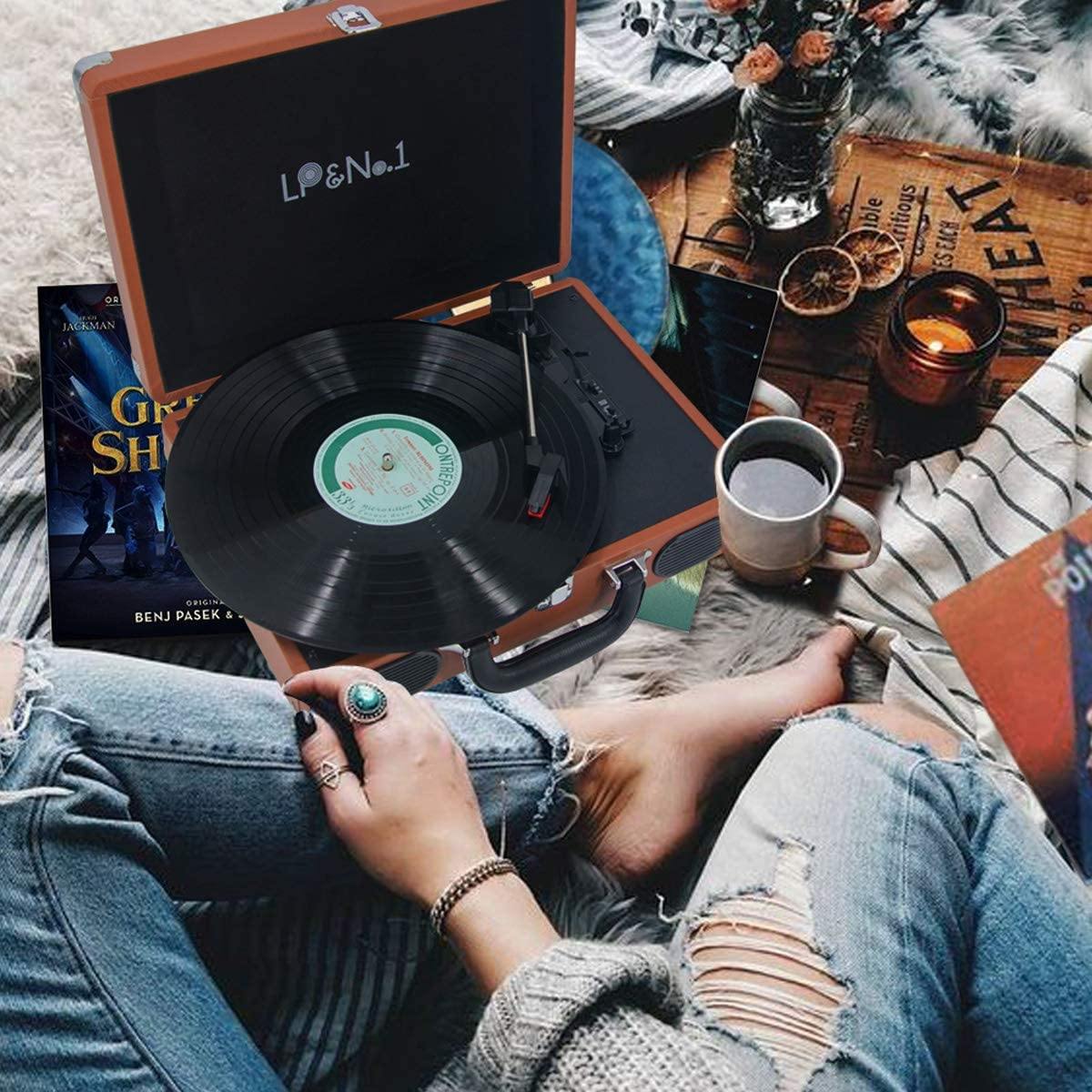 LP&No.1 Portable Suitcase Turntable with Stereo Speaker,3 Speeds Belt-Drive Vinyl Record Player Black - JOY2ESpree