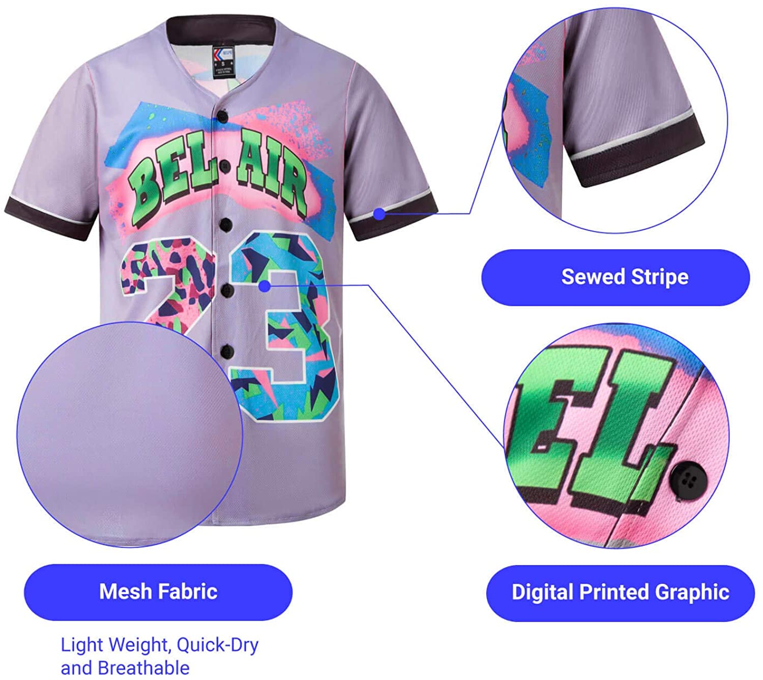 MOLPE 90s Hip Hop Clothing for Men and Women, Unisex Bel Air 23 Baseball Jersey, Mens Printed Urban Shirts for Party