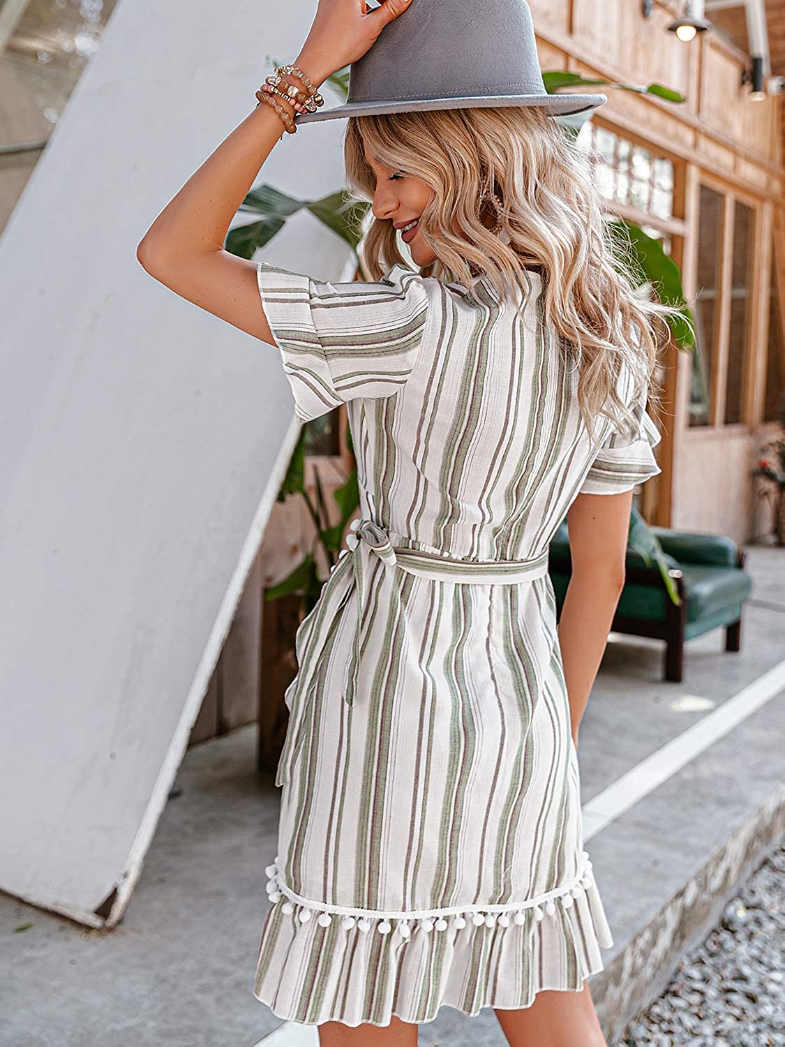 Simplee Women Sexy Deep V-Neck Short Sleeve Striped Print Mini A Line Dress