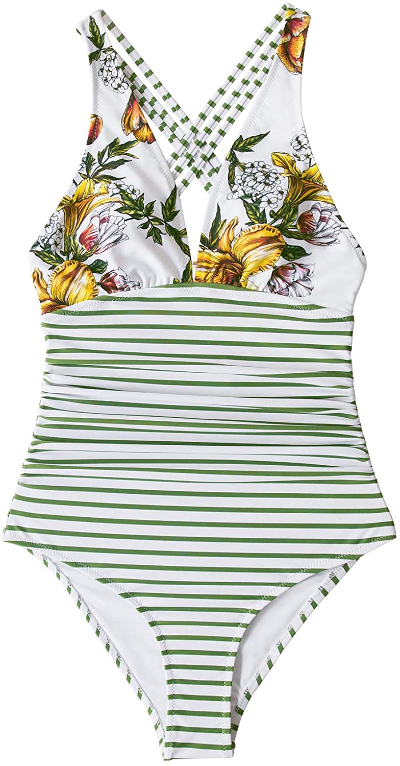 CUPSHE Women's One Piece Swimsuit V Neck Tummy Control Cross Back Vintage Swimwear Bathing Suits