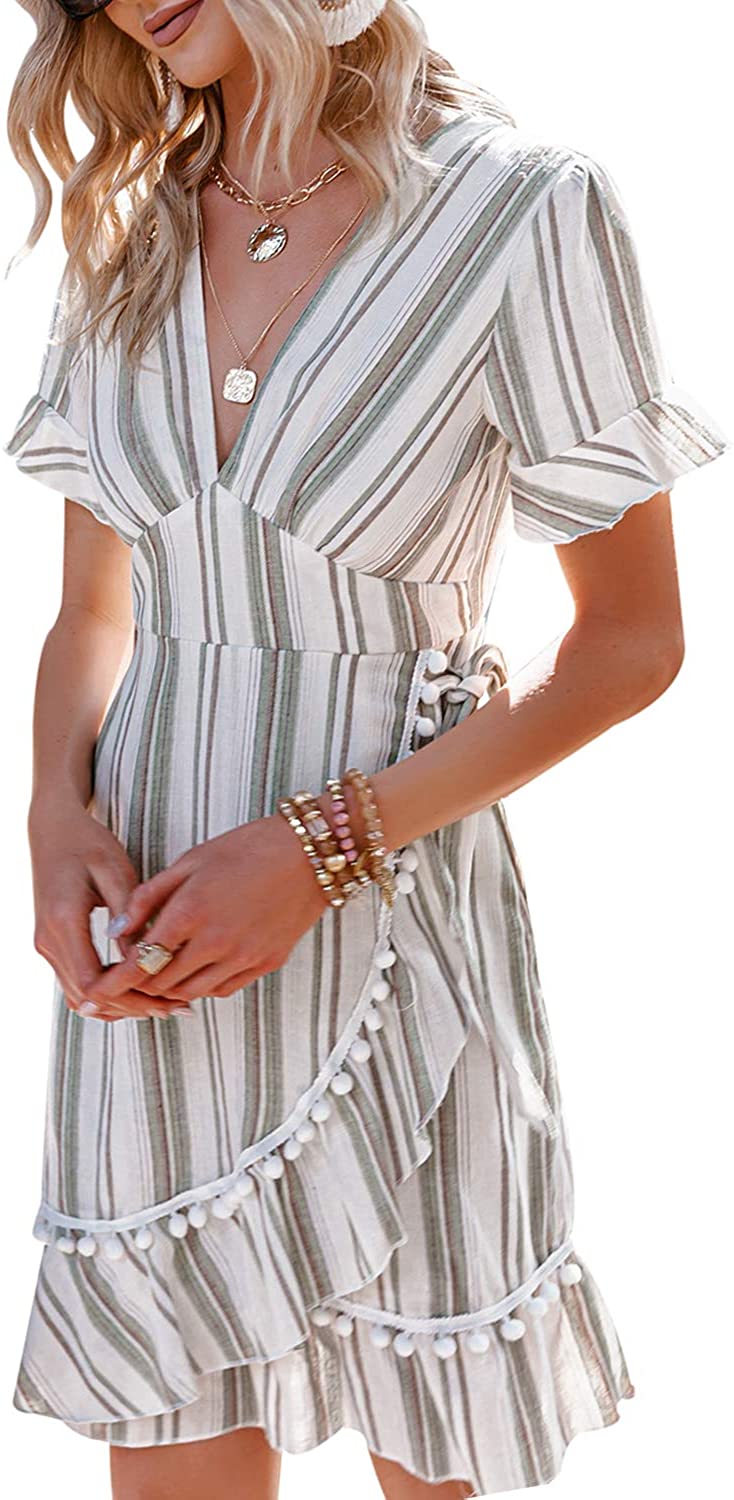 Simplee Women Sexy Deep V-Neck Short Sleeve Striped Print Mini A Line Dress