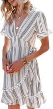 
                        
                          將圖片載入圖庫檢視器 Simplee Women Sexy Deep V-Neck Short Sleeve Striped Print Mini A Line Dress
                        
                      