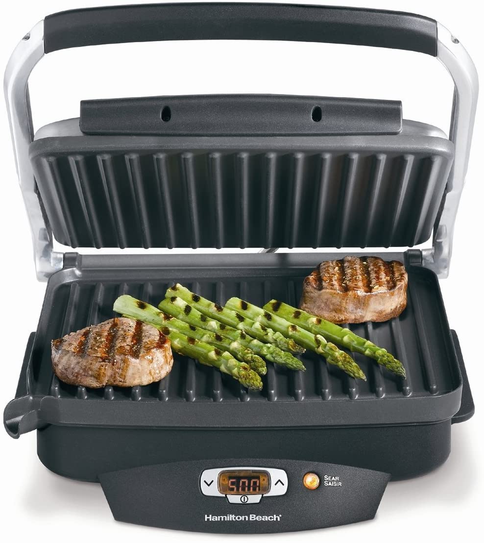 Hamilton Beach Steak Lover's Electric Indoor Searing Grill, Nonstick 100 Square, Stainless Steel (25331), Black and Stainless, Medium - JOY2ESpree