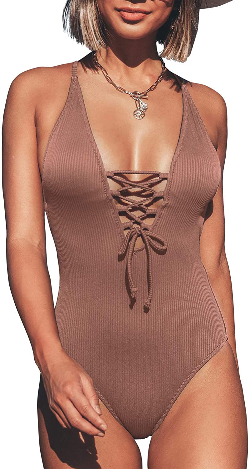 CUPSHE Women's Solid Color V Neck Lace Up One Piece Swimsuit