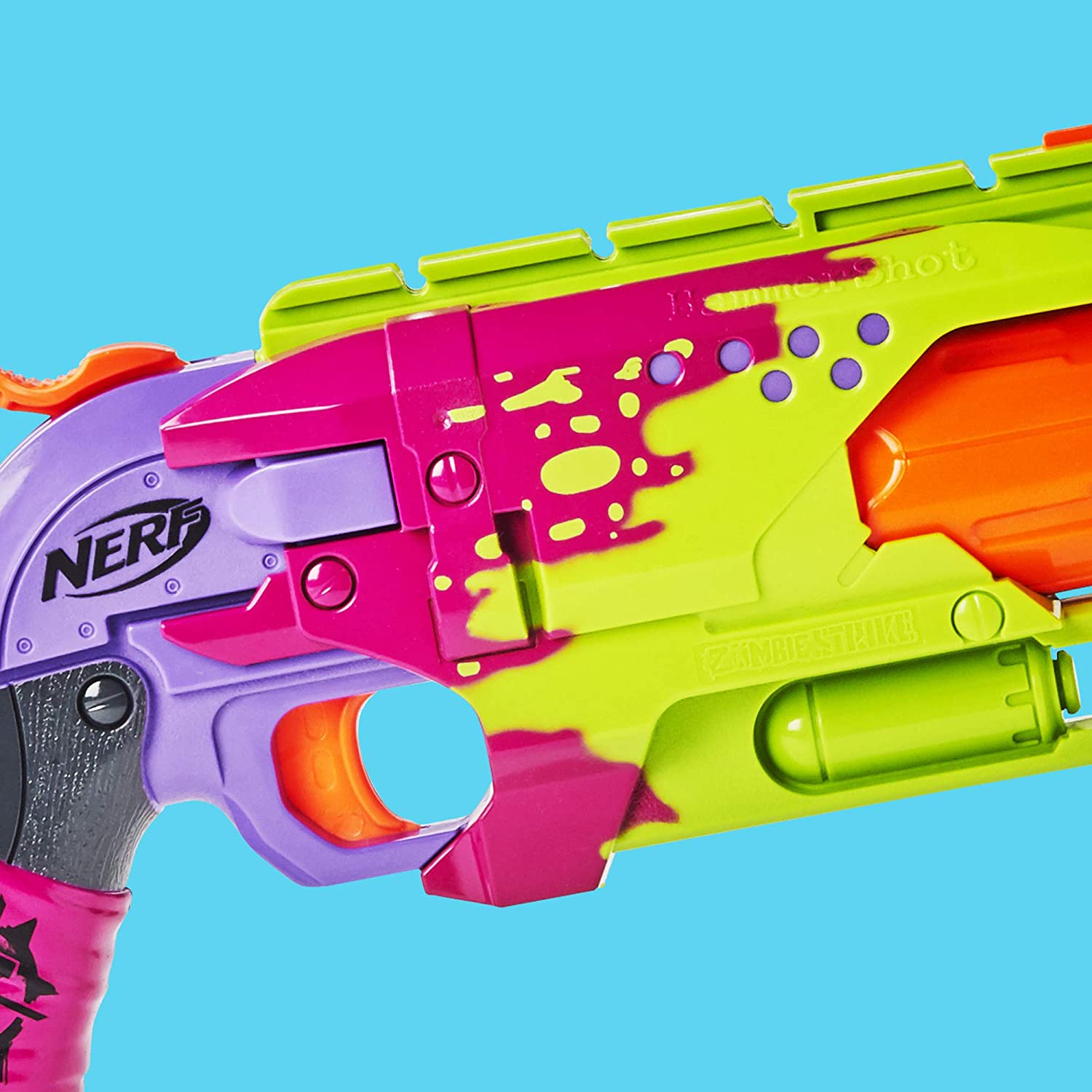 NERF Zombie Strike Hammershot Blaster -- Pull-Back Hammer-Blasting Action, 5 Official Zombie Strike Darts -- Stripes Color Scheme (Amazon Exclusive)