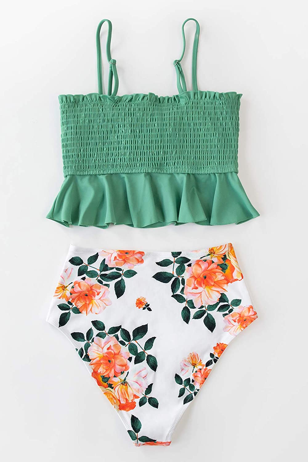 CUPSHE Women's High Waist Bikini Swimsuit Ruffle Smock Floral Print Two Piece Bathing Suit