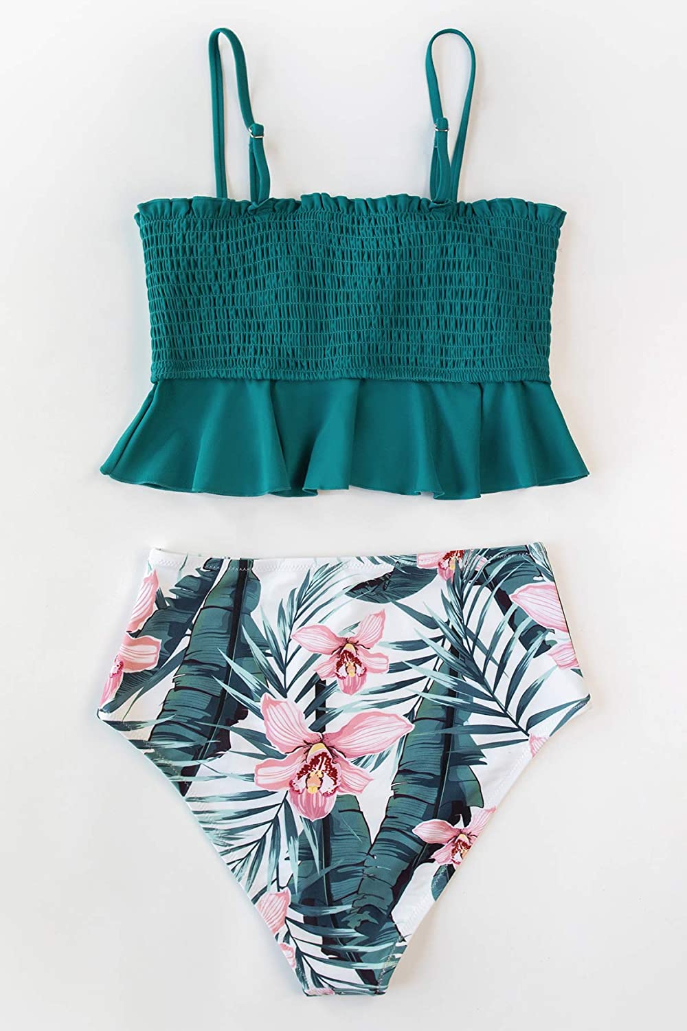 CUPSHE Women's High Waist Bikini Swimsuit Ruffle Smock Floral Print Two Piece Bathing Suit