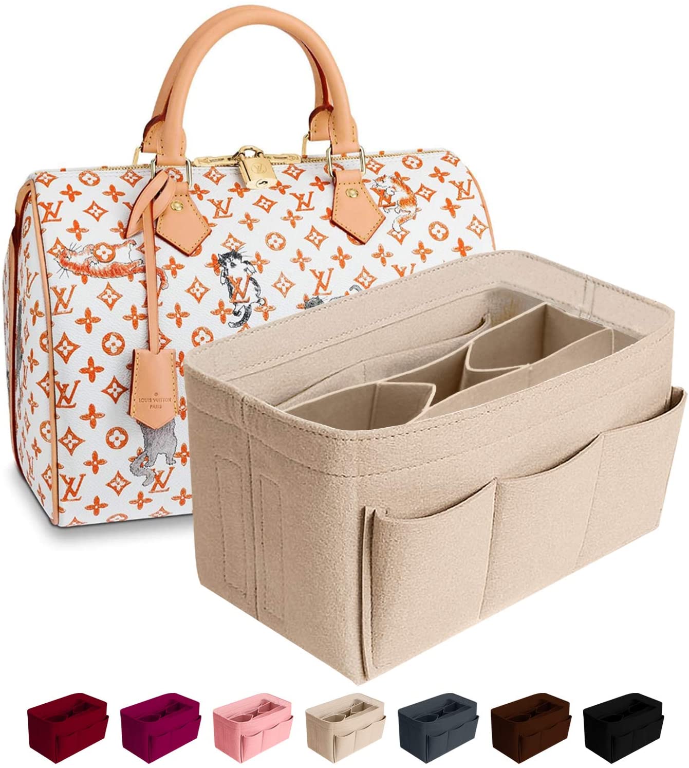 Purse Organizer Insert Felt Bag Organizer Handbag Organizer Insert for Tote fits LV Speedy Neverfull Longchamp, Grey, Medium (Medium, Pink)