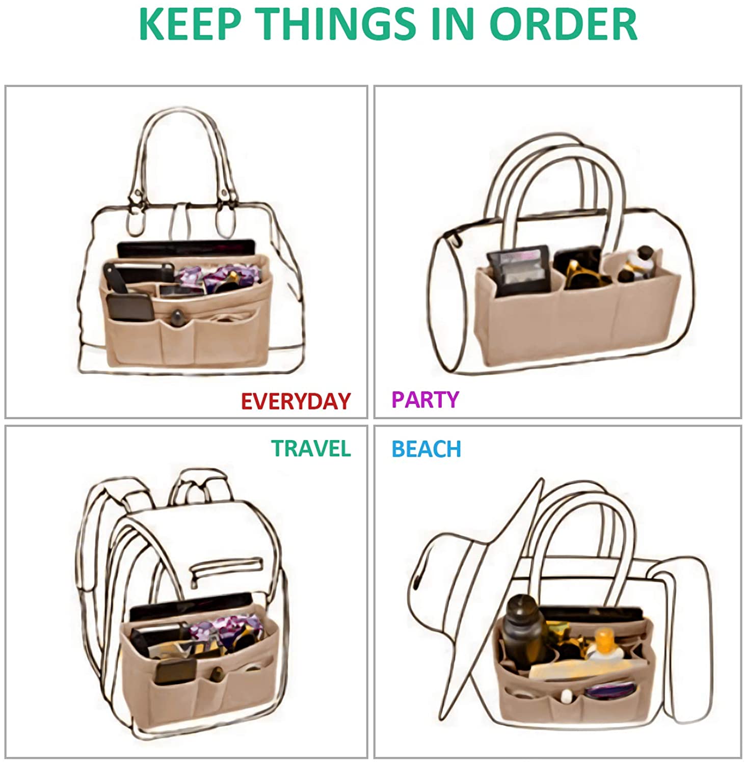 MA STRAP Felt Insert Organizer Bag Handbag Organizer Insert with Zipper Pouch for Speedy Neverfull Longchamp Tote