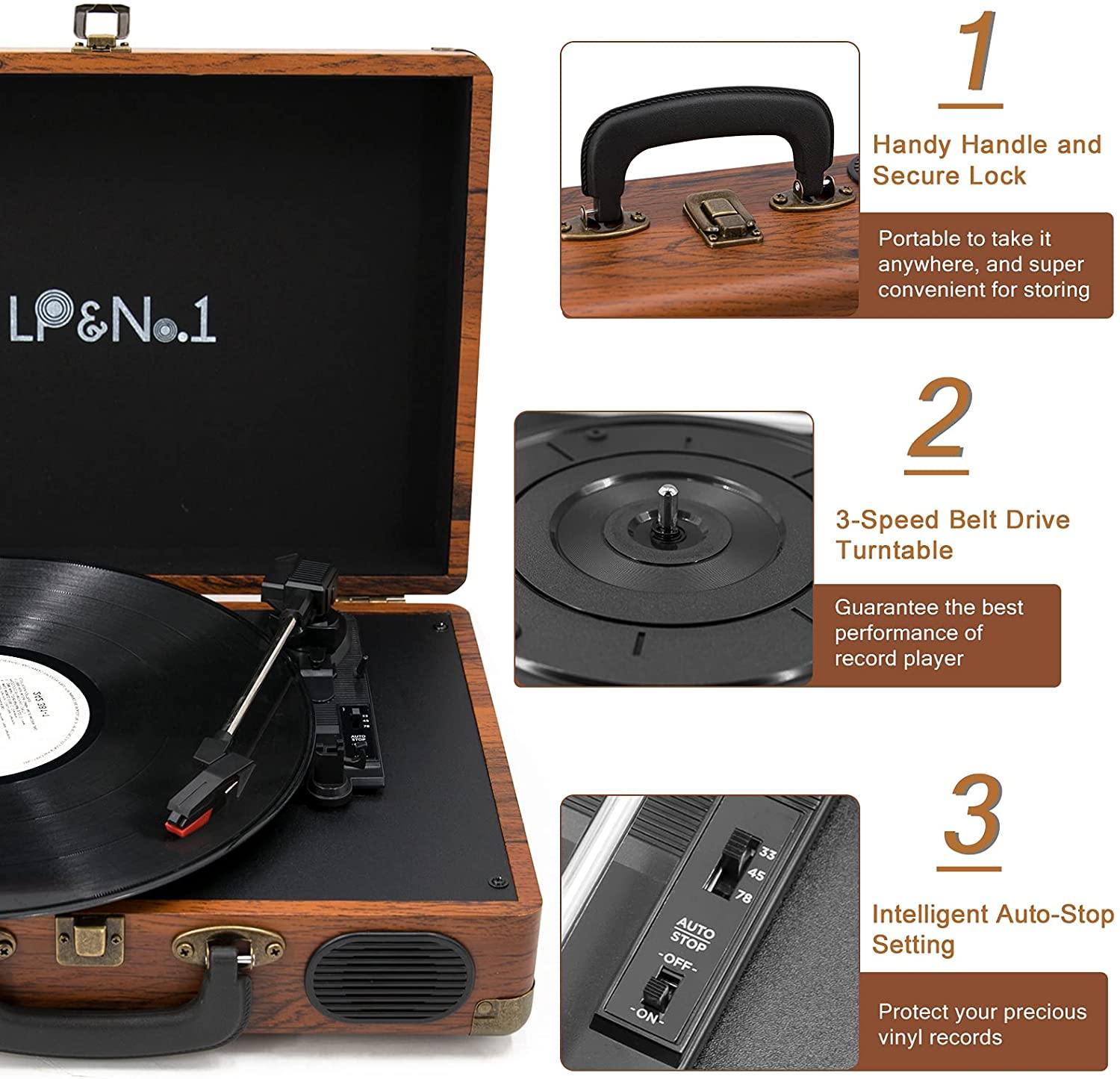 LP&No.1 Portable Suitcase Turntable with Stereo Speaker,3 Speeds Belt-Drive Vinyl Record Player Black - JOY2ESpree