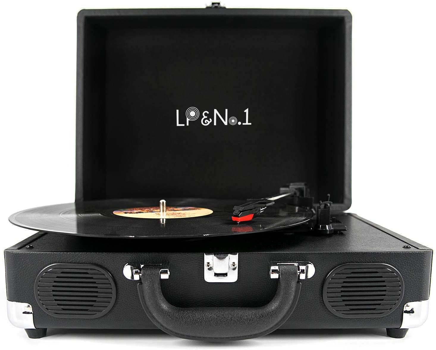 LP&No.1 Portable Suitcase Turntable with Stereo Speaker,3 Speeds Belt-Drive Vinyl Record Player Black - JOY2ESpree