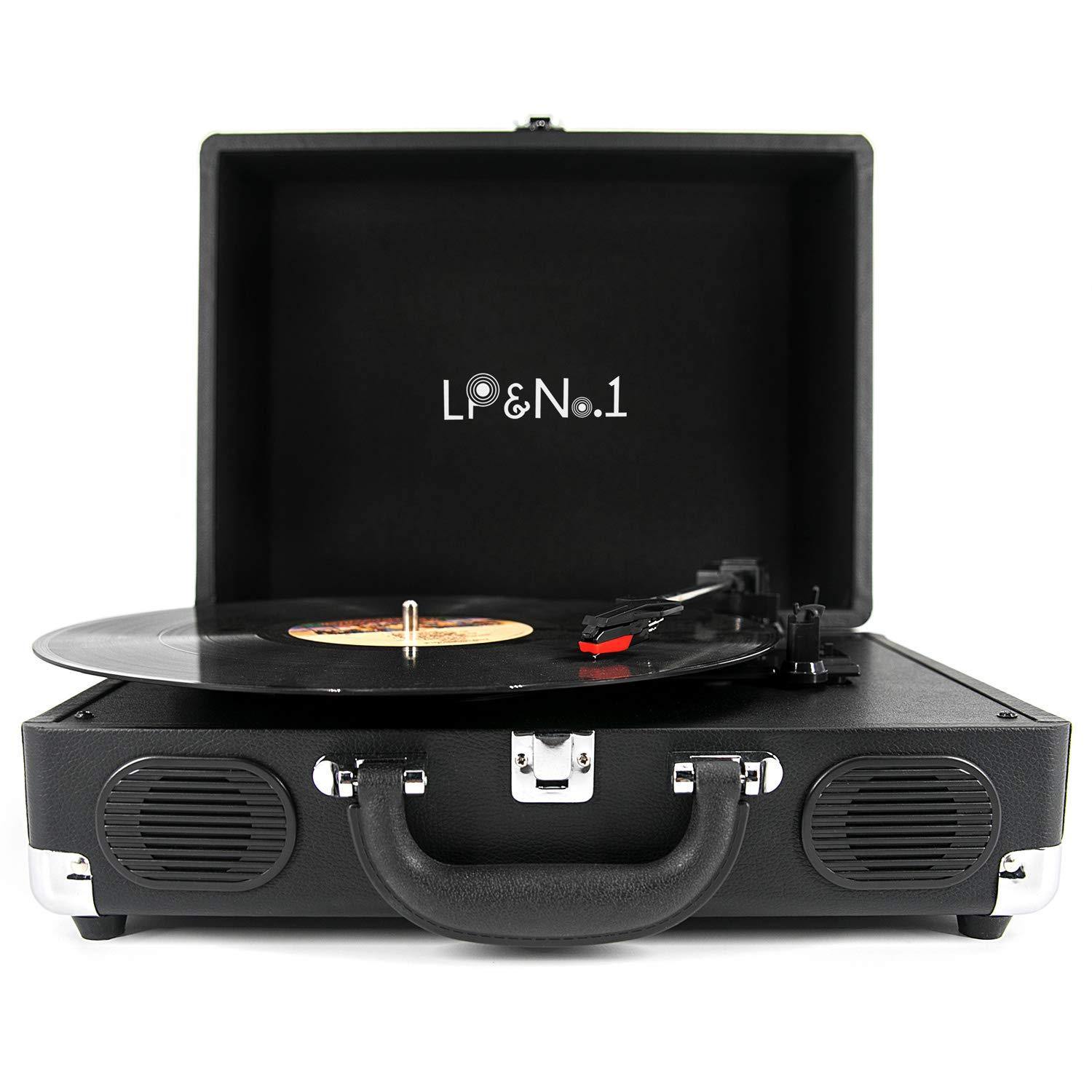 LP&No.1 Portable Suitcase Turntable with Stereo Speaker,3 Speeds Belt-Drive Vinyl Record Player Black - JOY2ESpree