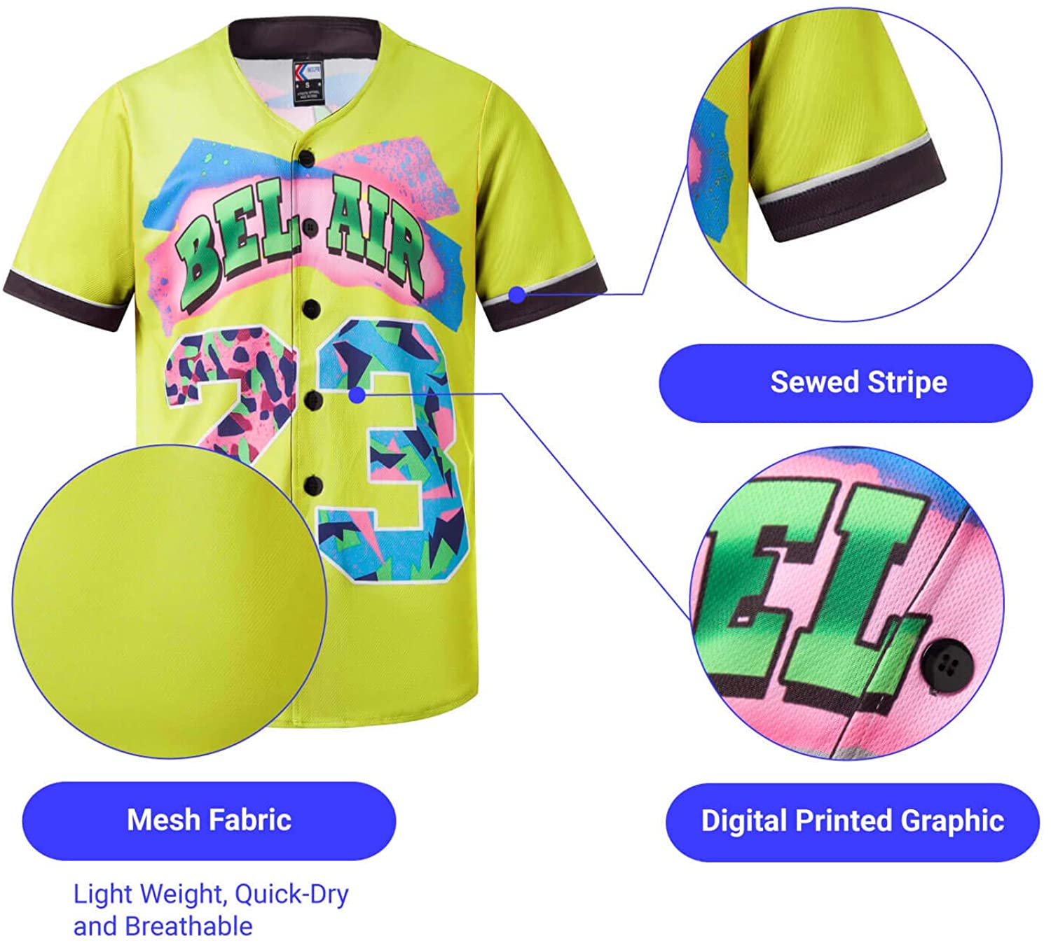 MOLPE 90s Hip Hop Clothing for Men and Women, Unisex Bel Air 23 Baseball Jersey, Mens Printed Urban Shirts for Party