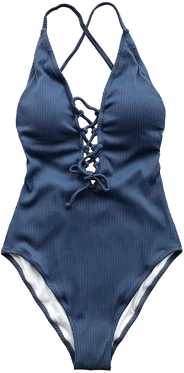 CUPSHE Women's Solid Color V Neck Lace Up One Piece Swimsuit