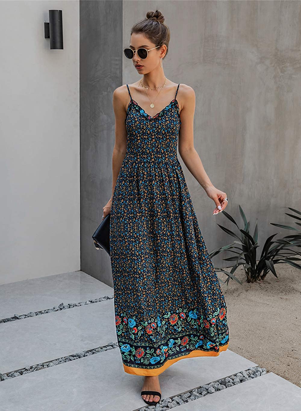KIRUNDO 2021 Summer Women’s Spaghetti Maxi Dress V Neck High Waist Backless Dress