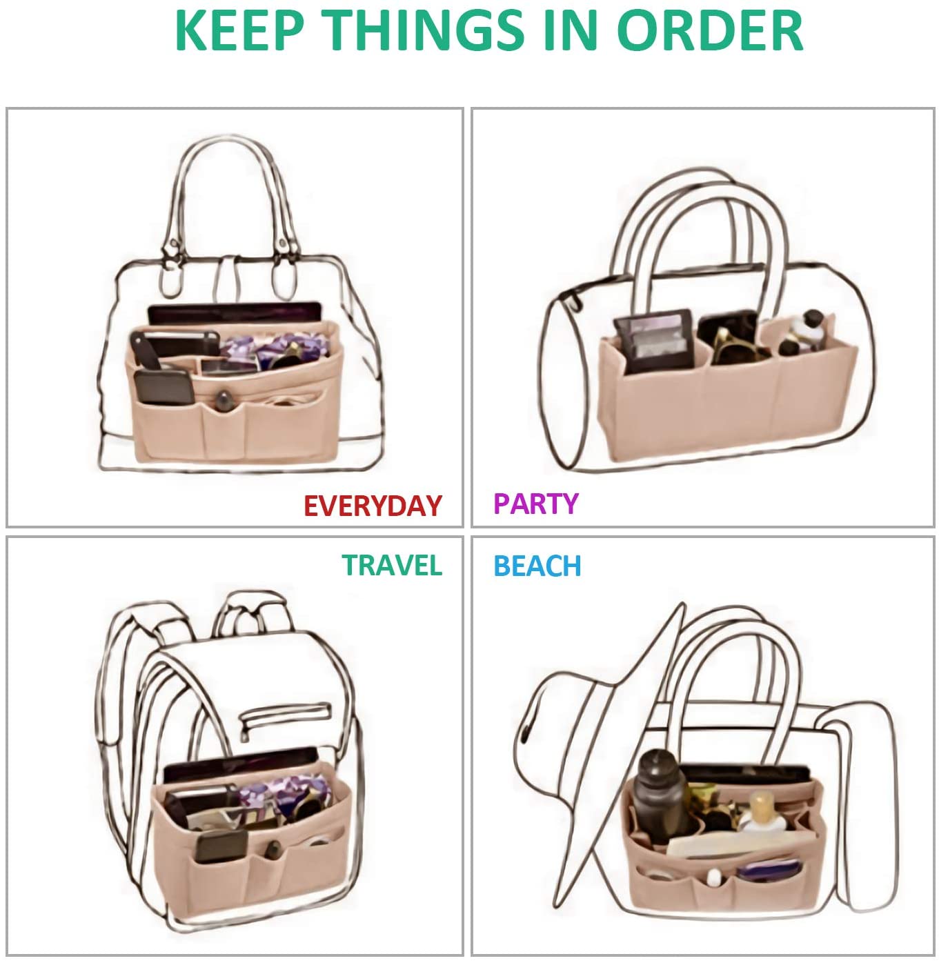 MA STRAP Purse Organizer with Detachable Zipper Pouch Multipurpose Felt Insert Bag Fit Speedy Neverfull Longchamp Tote