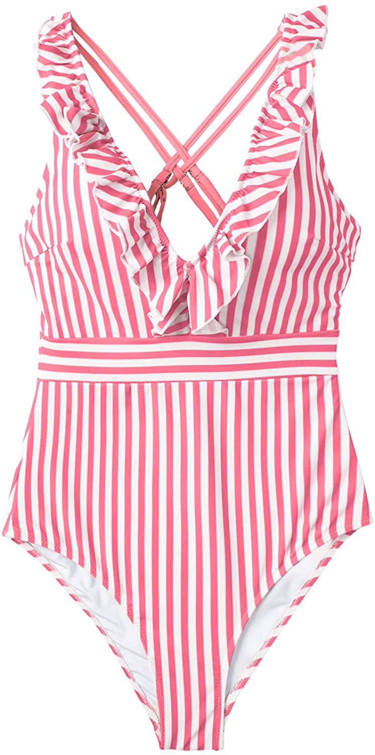 CUPSHE Women's V Neck One Piece Swimsuit Ruffled Back Cross Swimwear