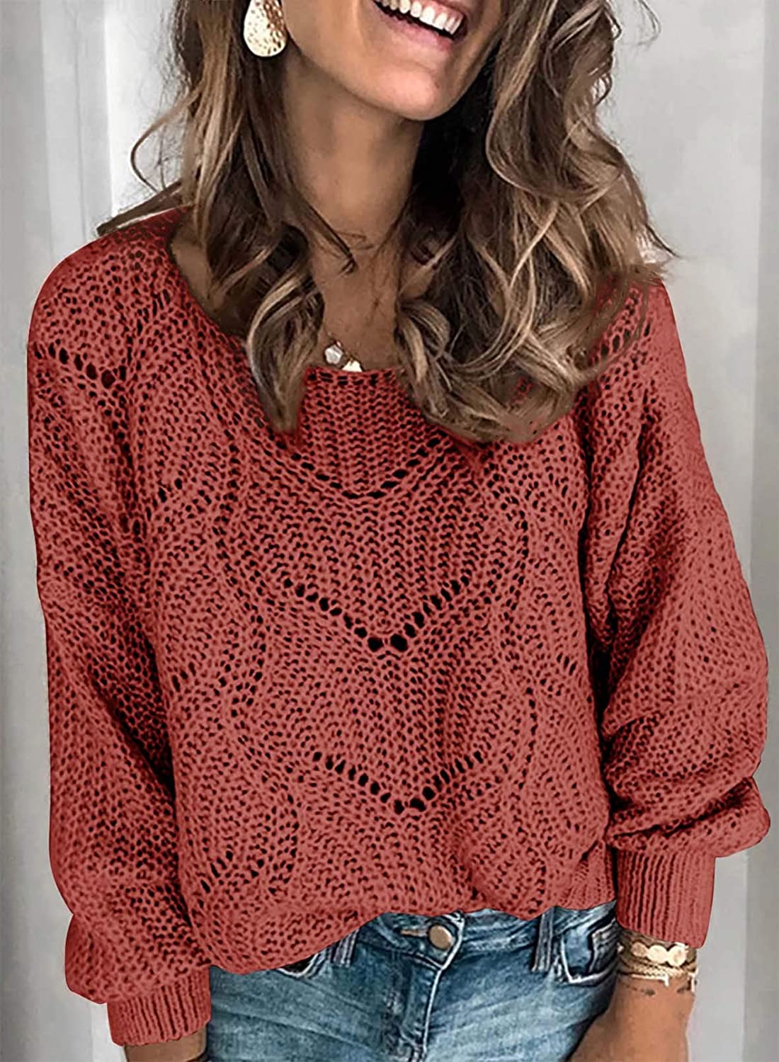 Dokotoo Womens Cute Soft Crewneck Long Sleeve Hollow Cable Knit Pullover Sweaters