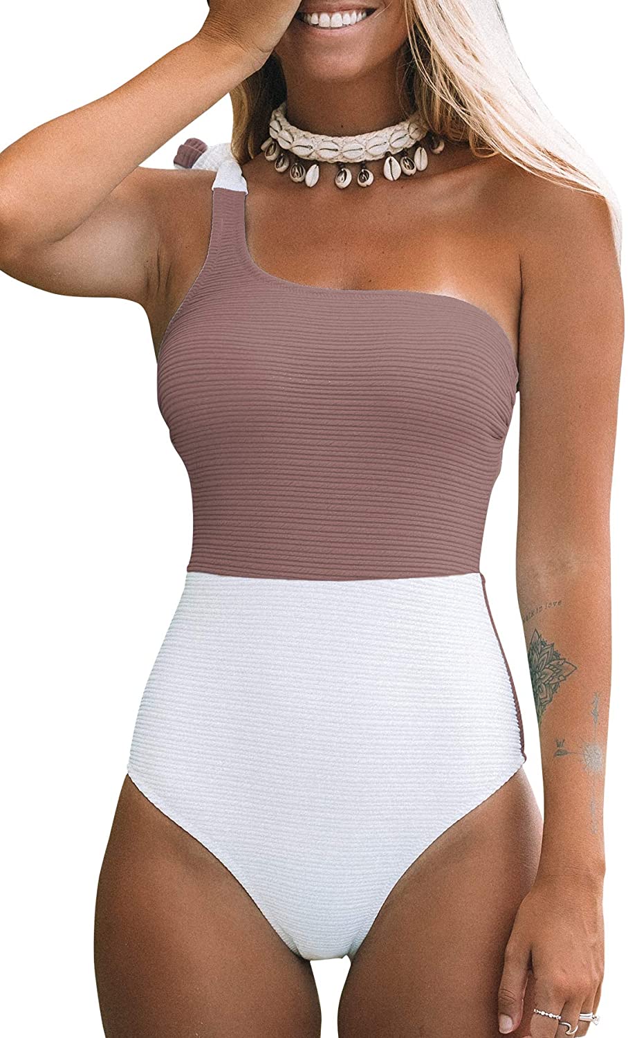 CUPSHE Women's One Piece Swimsuit Color Block One Shoulder Bowknot Bathing Suit