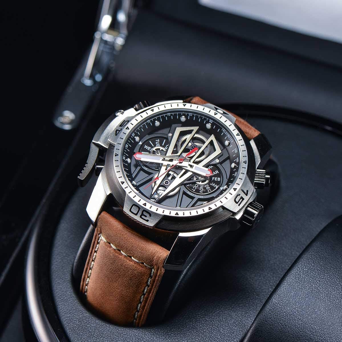 Reef Tiger Mens Sport Mechanical Watches with Steel Black Dial Automatic Watch Calfskin Leather Strap RGA3591