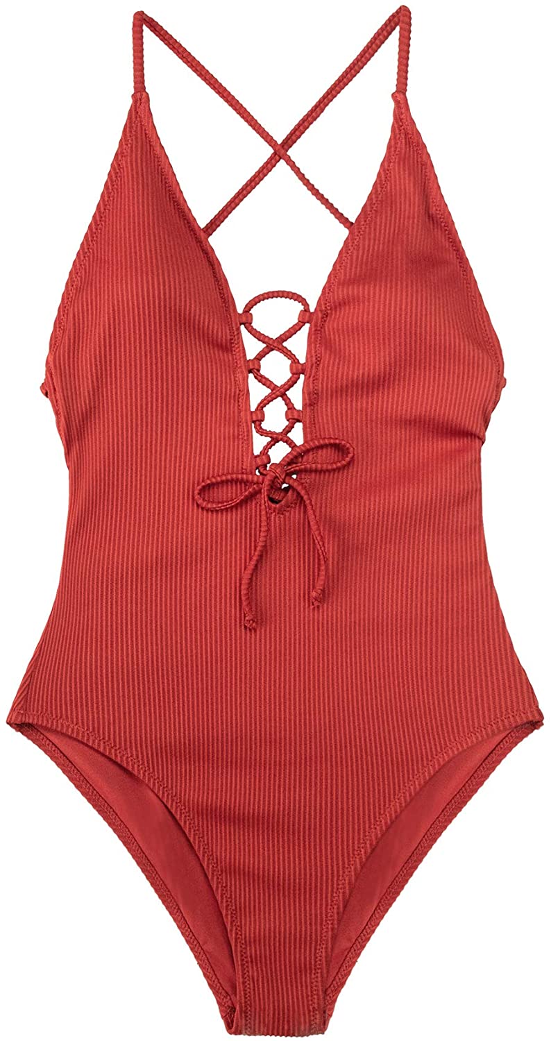 CUPSHE Women's Solid Color V Neck Lace Up One Piece Swimsuit