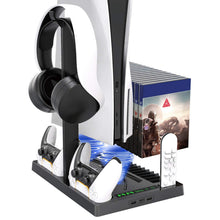 
                        
                          Load image into Gallery viewer, Vertical Stand with Headset Holder and Cooling Fan Base for PS5 Console &amp; Playstation 5 Accessories, 1 Headphone Stand - JOY2ESpree
                        
                      