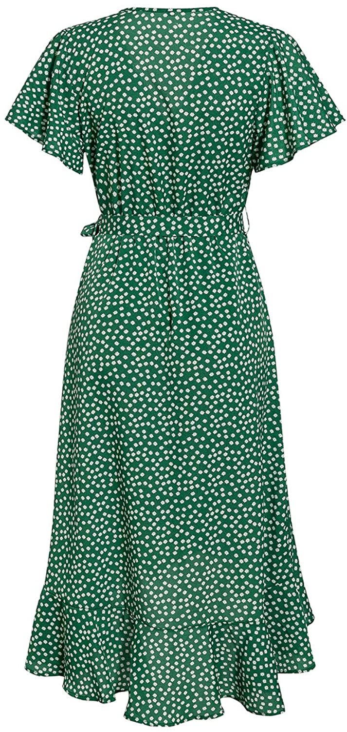 Miessial Women's Summer Chiffon V Neck Ruffle Maxi Dress Polka Dot Long Beach Wrap Dress