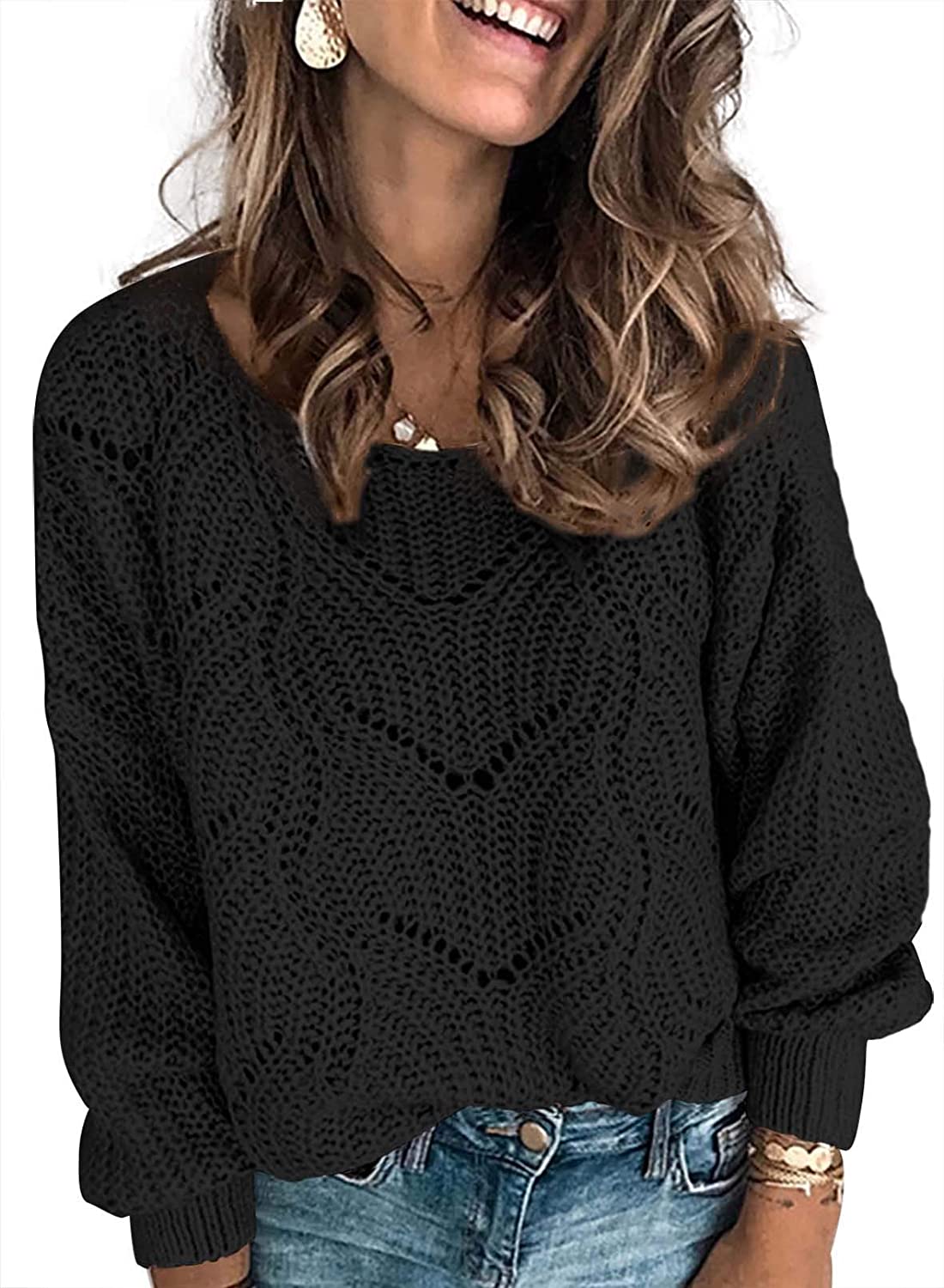 Dokotoo Womens Cute Soft Crewneck Long Sleeve Hollow Cable Knit Pullover Sweaters