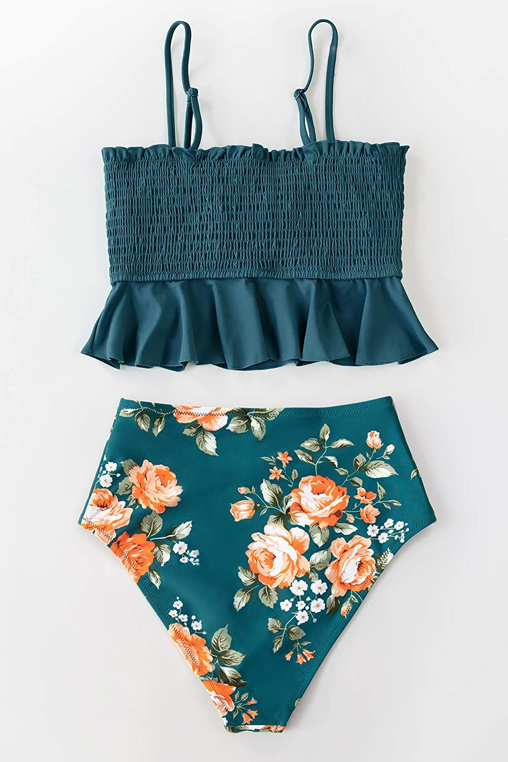 CUPSHE Women's High Waist Bikini Swimsuit Ruffle Smock Floral Print Two Piece Bathing Suit