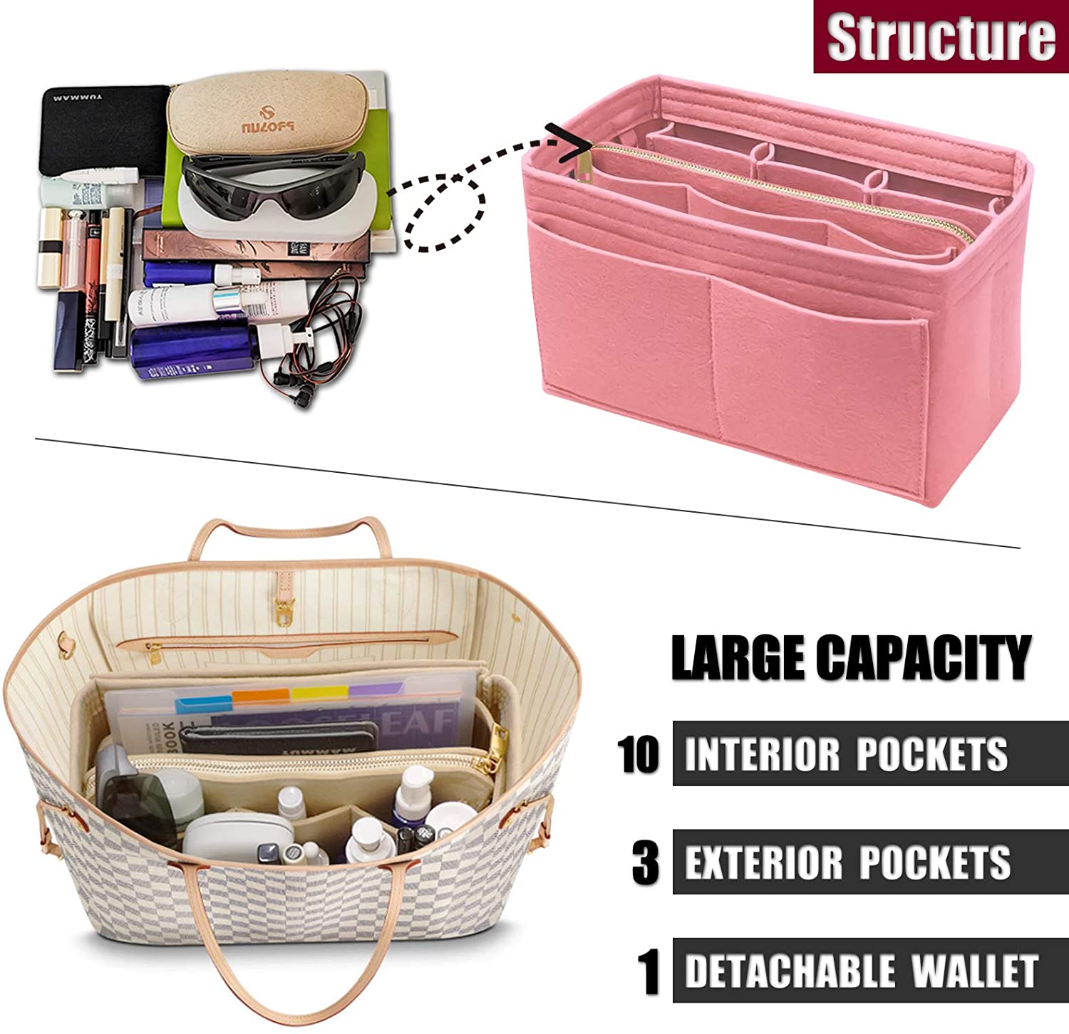 Purse Organizer Insert with Zipper Felt Bag Organizer Handbag Organizer Insert Bag In Bag Organizer