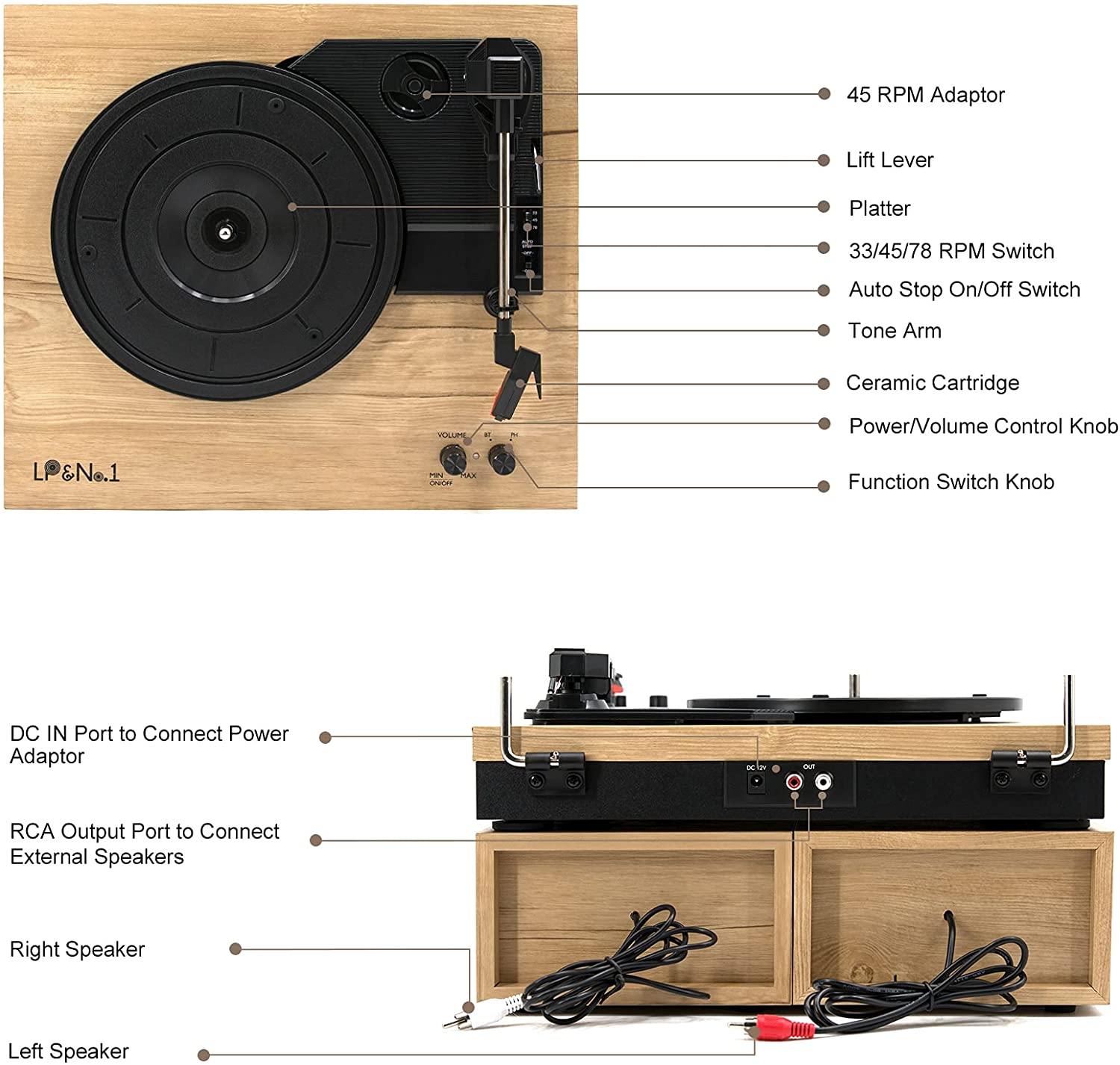 LP&No.1 Retro Bluetooth Record Player with Stereo External Speakers - JOY2ESpree