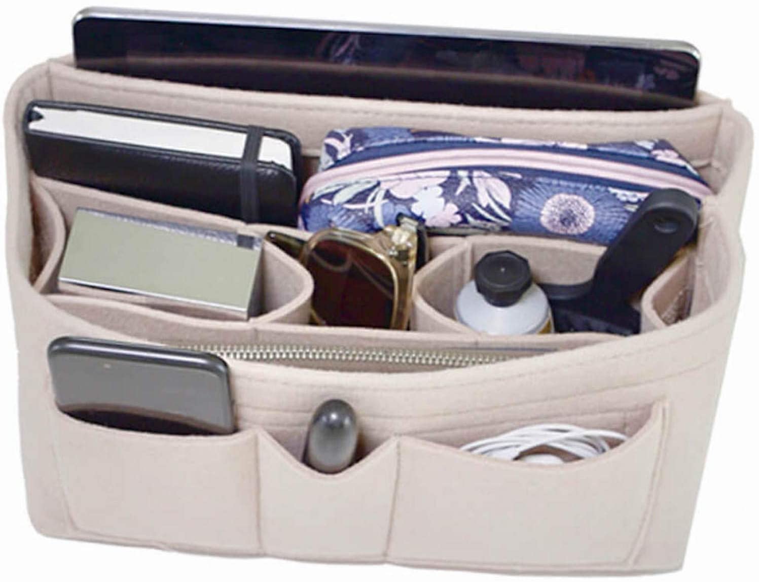 Handbag Organizer - 2in1 Purse Organizer Insert with Inner Zipped Pocket - Tote Shaper fits Speedy Neverfull - Grey Medium