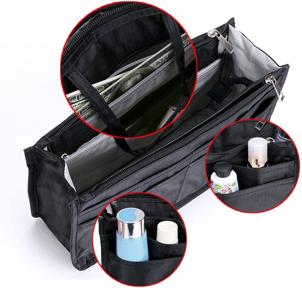 BTSKY New Printing Handbag Organizers Inside Purse Insert-High Capacity 13 Pockets Bag Tote Organizer with Handle Peacock Flower