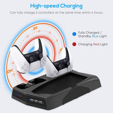 
                        
                          Load image into Gallery viewer, Vertical Charging Stand for PS5 Controllers with Cooling Fan - JOY2ESpree
                        
                      
