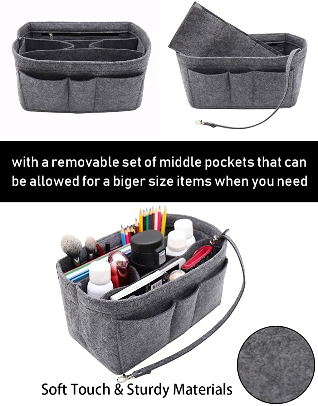 Felt Fabric Purse Tote Diaper Bag Organizer Insert Bag in Bag with Zipper Inner Pocket For Neverfull Speedy